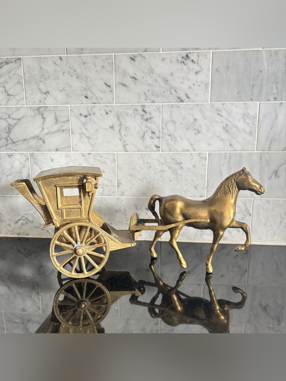 Vintage 13” Brass Horse & Carriage Figurine, Rustic Equestrian Farmhouse Decor